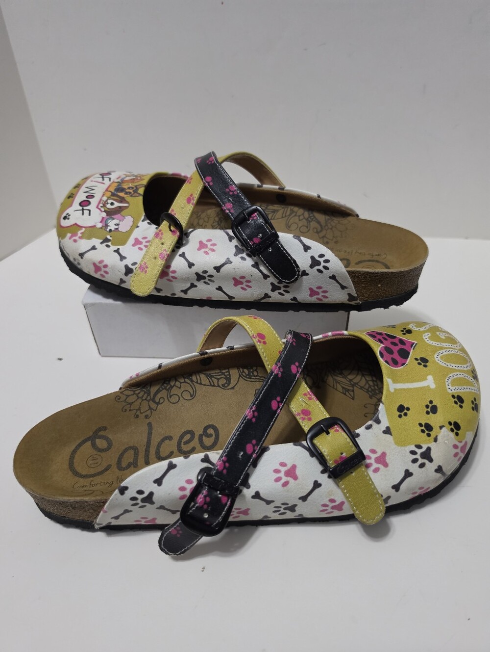 Calceo I Love Dogs Crisscross Clogs Yellow & White Sz 41 (10 US)